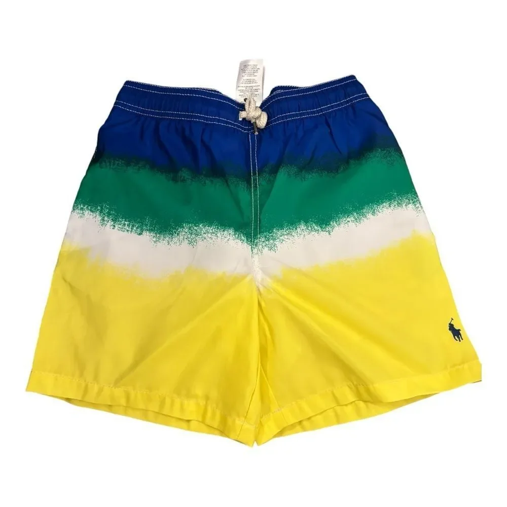 Boys Polo by Ralph Lauren Green White Yellow Gradient Swim Trunks
